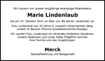 Traueranzeige von Marie Lindenlaub von vrm-trauer