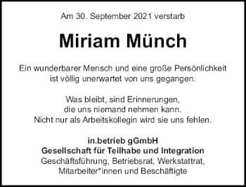 Traueranzeige von Miriam Münch von vrm-trauer