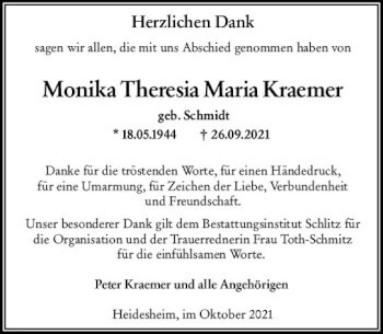 Traueranzeige von Monika Theresia Maria Kraemer von vrm-trauer