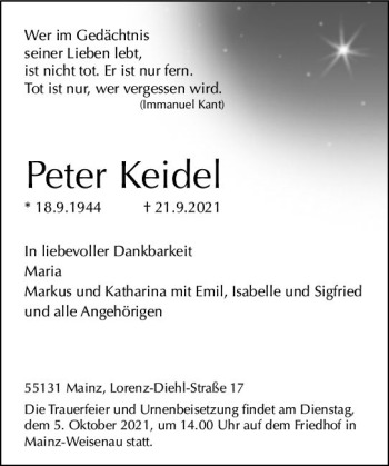Traueranzeige von Peter Keidel von vrm-trauer