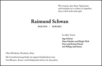 Traueranzeige von Raimund Schwan von vrm-trauer