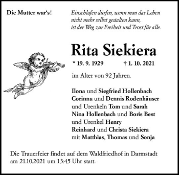 Traueranzeige von Rita Siekiera von vrm-trauer