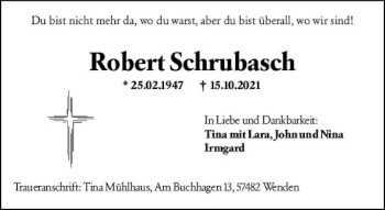 Traueranzeige von Robert Schrubasch von vrm-trauer