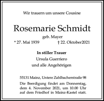 Traueranzeige von Rosemarie Schmidt von vrm-trauer