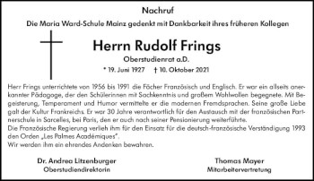 Traueranzeige von Rudolf Frings von vrm-trauer