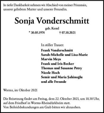 Traueranzeige von Sonja Vonderschmitt von vrm-trauer