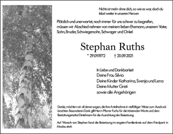 Traueranzeige von Stephan Ruths von vrm-trauer