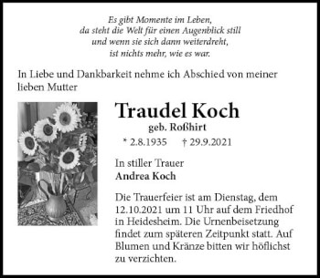 Traueranzeige von Traudel Koch von vrm-trauer
