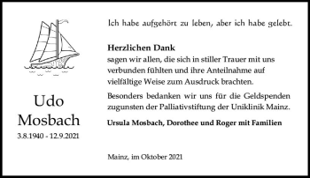 Traueranzeige von Udo Mosbach von vrm-trauer