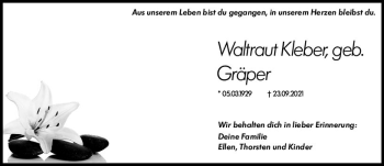 Traueranzeige von Waltraut Kleber von vrm-trauer