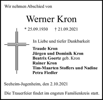 Traueranzeige von Werner Kron von vrm-trauer
