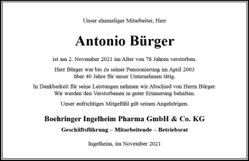 Traueranzeige von Antonio Bürger von vrm-trauer