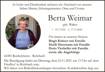 Traueranzeige von Berta Weimar von vrm-trauer