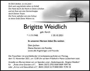 Traueranzeige von Brigitte Weidlich von vrm-trauer