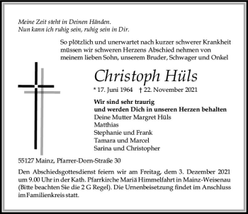 Traueranzeige von Christoph Hüls von vrm-trauer