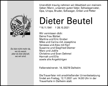 Traueranzeige von Dieter Beutel von vrm-trauer Traueranzeige von Dieter Beutel von vrm-trauer