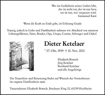 Traueranzeige von Dieter Ketelaer von vrm-trauer Traueranzeige von Dieter Ketelaer von vrm-trauer
