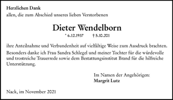 Traueranzeige von Dieter Wendelborn von vrm-trauer