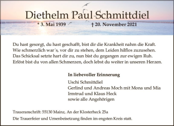 Traueranzeige von Diethelm Paul Schmittdiel von vrm-trauer