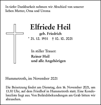 Traueranzeige von Elfriede Heil von vrm-trauer