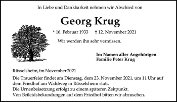 Traueranzeige von Georg Krug von vrm-trauer