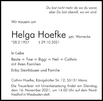 Traueranzeige von Helga Hoefke von vrm-trauer