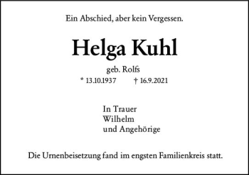 Traueranzeige von Helga Kuhl von vrm-trauer