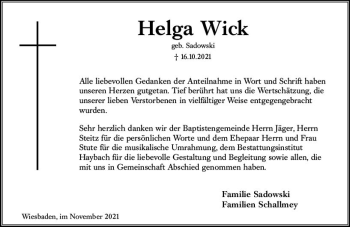 Traueranzeige von Helga Wick von vrm-trauer