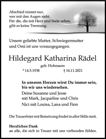 Traueranzeige von Hildegard Katharina Rädel von vrm-trauer