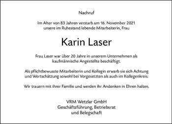 Traueranzeige von Karin Laser von  Hinterländer Anzeiger