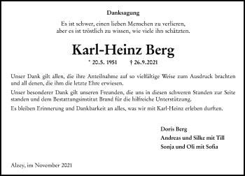 Traueranzeige von Karl-Heinz Berg von vrm-trauer