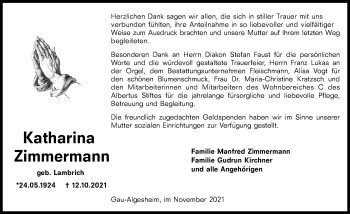 Traueranzeige von Katharina Zimmermann von vrm-trauer