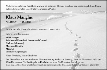 Traueranzeige von Klaus Manglus von vrm-trauer