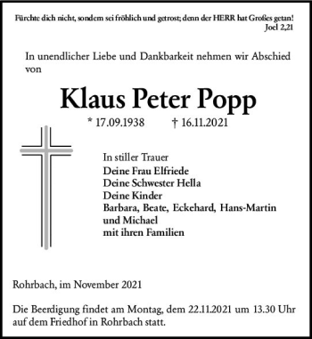 Traueranzeige von Klaus Peter Popp von vrm-trauer