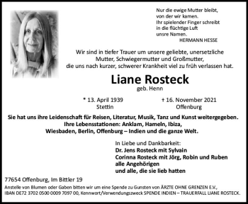 Traueranzeige von Liane Rosteck von vrm-trauer
