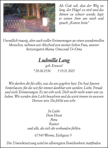 Traueranzeige von Ludmila Lang von vrm-trauer Traueranzeige von Ludmila Lang von vrm-trauer
