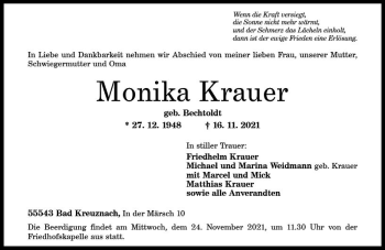 Traueranzeige von Monika Krauer von vrm-trauer