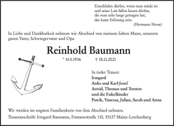 Traueranzeige von Reinhold Baumann von vrm-trauer