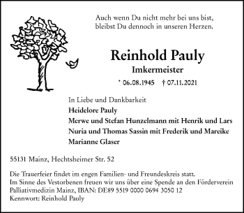 Traueranzeige von Reinhold Pauly von vrm-trauer