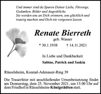 Traueranzeige von Renate Bierreth von vrm-trauer