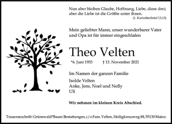 Traueranzeige von Theo Velten von vrm-trauer