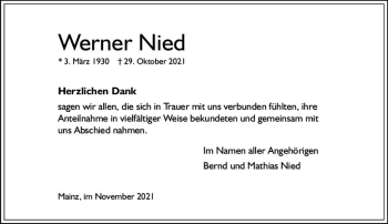 Traueranzeige von Werner Nied von vrm-trauer