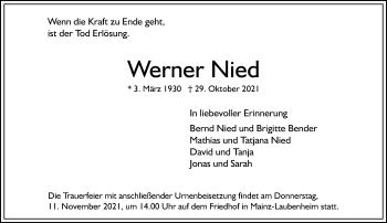Traueranzeige von Werner Nied von vrm-trauer