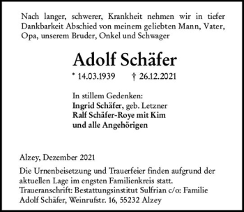 Traueranzeige von Adolf Schäfer von vrm-trauer
