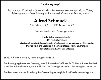 Traueranzeige von Alfred Schmuck von vrm-trauer
