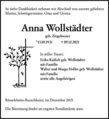 Traueranzeige von Anna Wollstädter von vrm-trauer