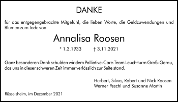 Traueranzeige von Annalisa Roosen von vrm-trauer
