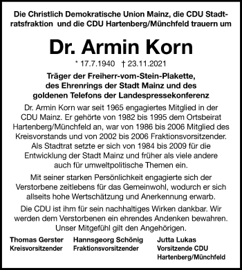 Traueranzeige von Armin Korn von vrm-trauer