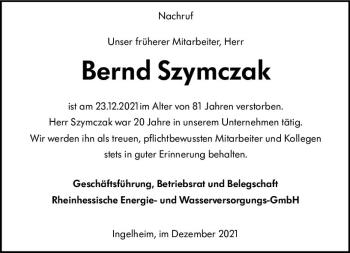 Traueranzeige von Bernd Szymczak von vrm-trauer