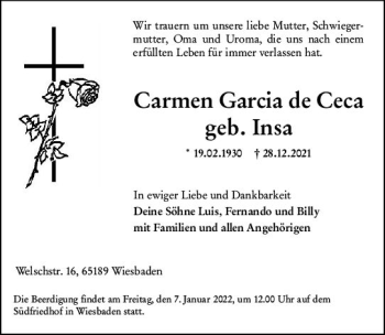 Traueranzeige von Carmen Garcia de Ceca von vrm-trauer